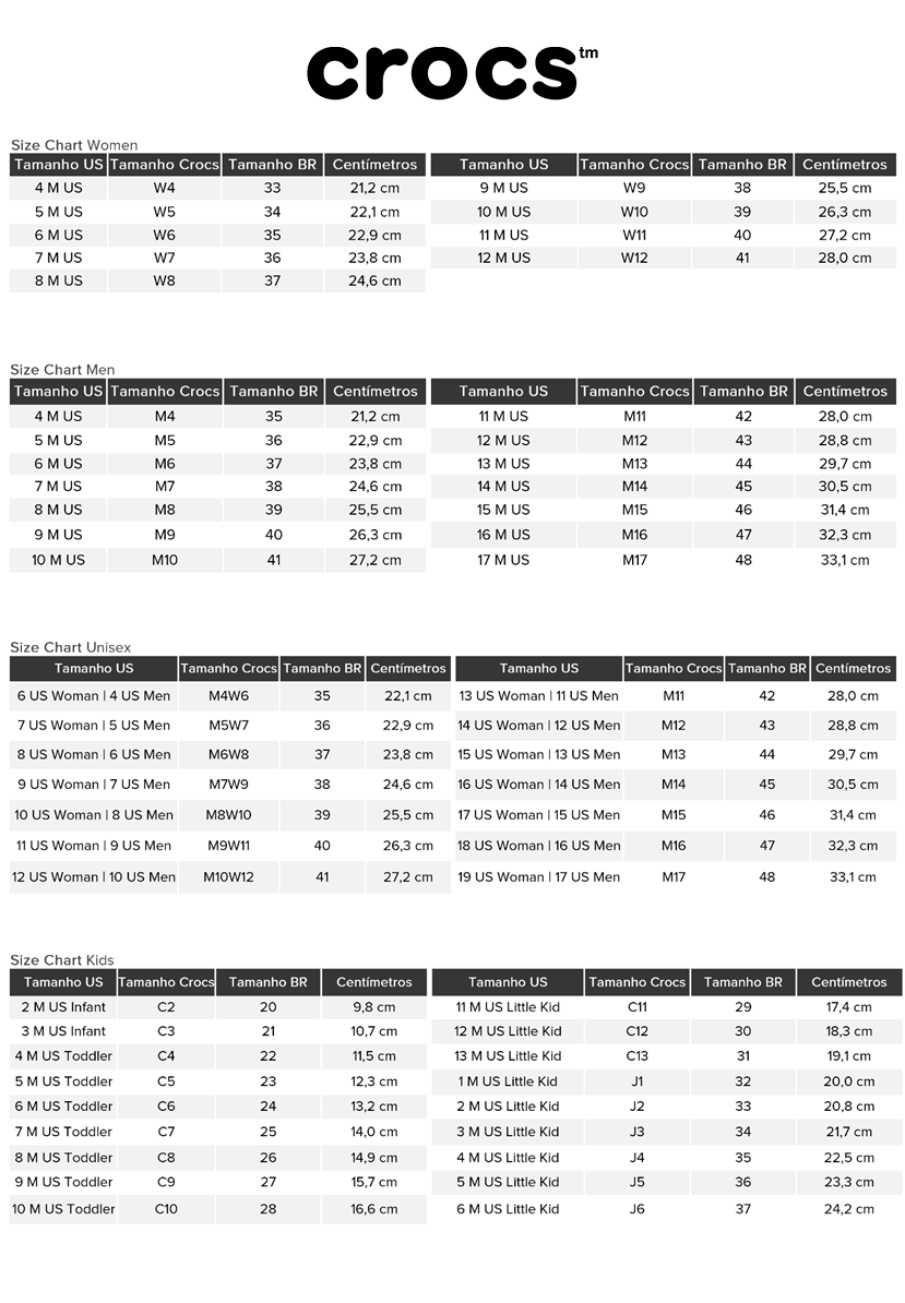 Tabela de medidas Crocs